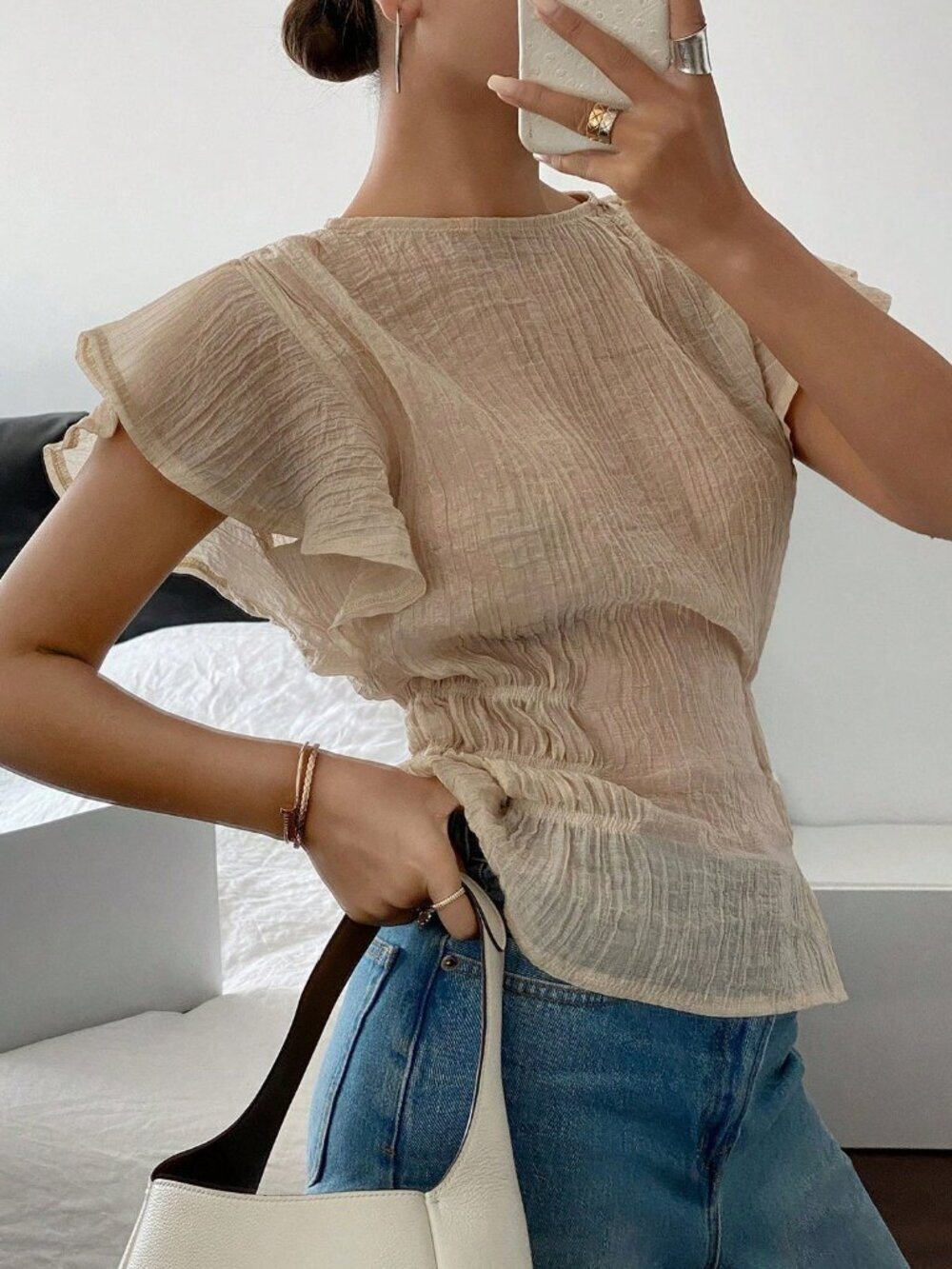 Apricot Casual Women's Round Neck Cap Sleeve Elastic Waist Ruffle Blouse